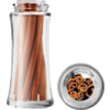 Glasflasche mit mehreren Zimtstangen, daneben ein Glasdeckel mit der Ansicht der Zimtstangen von oben