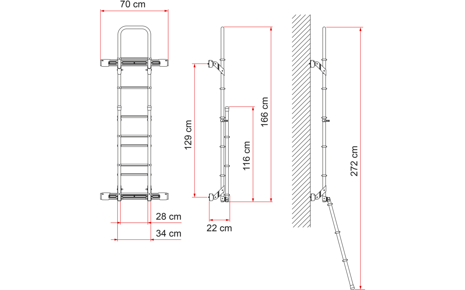Technische Zeichnung mit Abmessungen einer klappbaren Leiter aus Metall an einer Wand