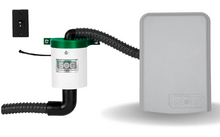 Elektronisch apparaat met zwart en wit omhulsel verbonden door flexibele zwarte slangen, grijze afdekking aan de rechterkant