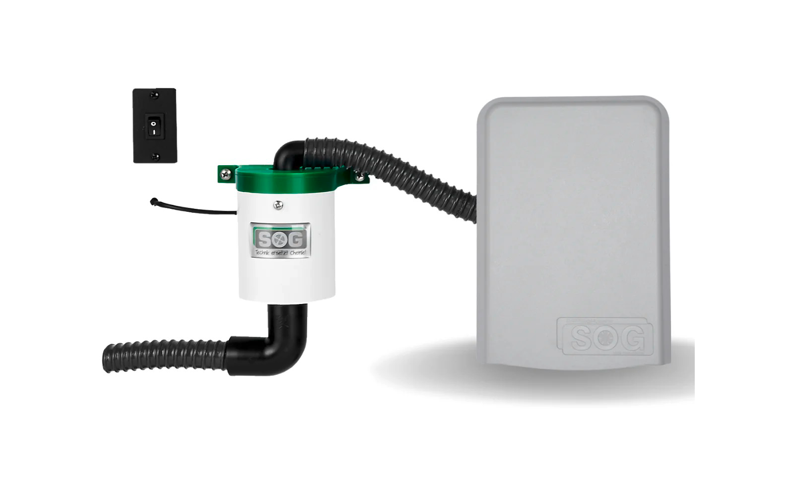 Dispositivo electrónico con carcasa negra y blanca conectada por tubos negros flexibles, cubierta gris a la derecha