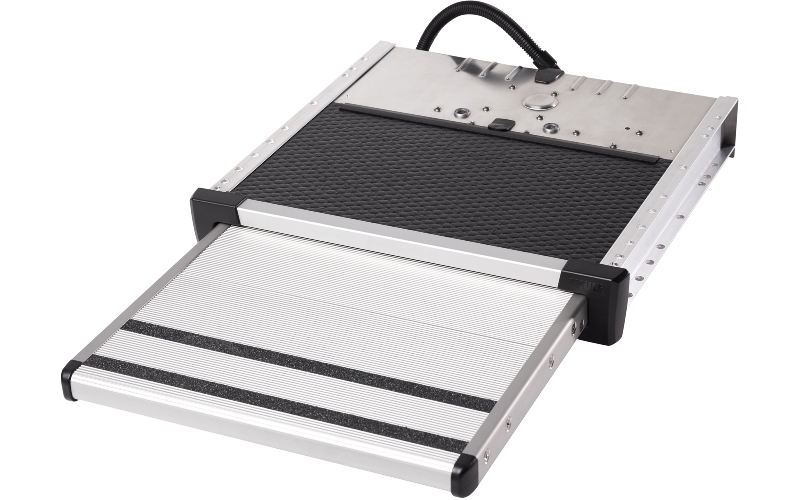 Rampa plegable de aluminio extendida con superficie antideslizante negra y cable negro