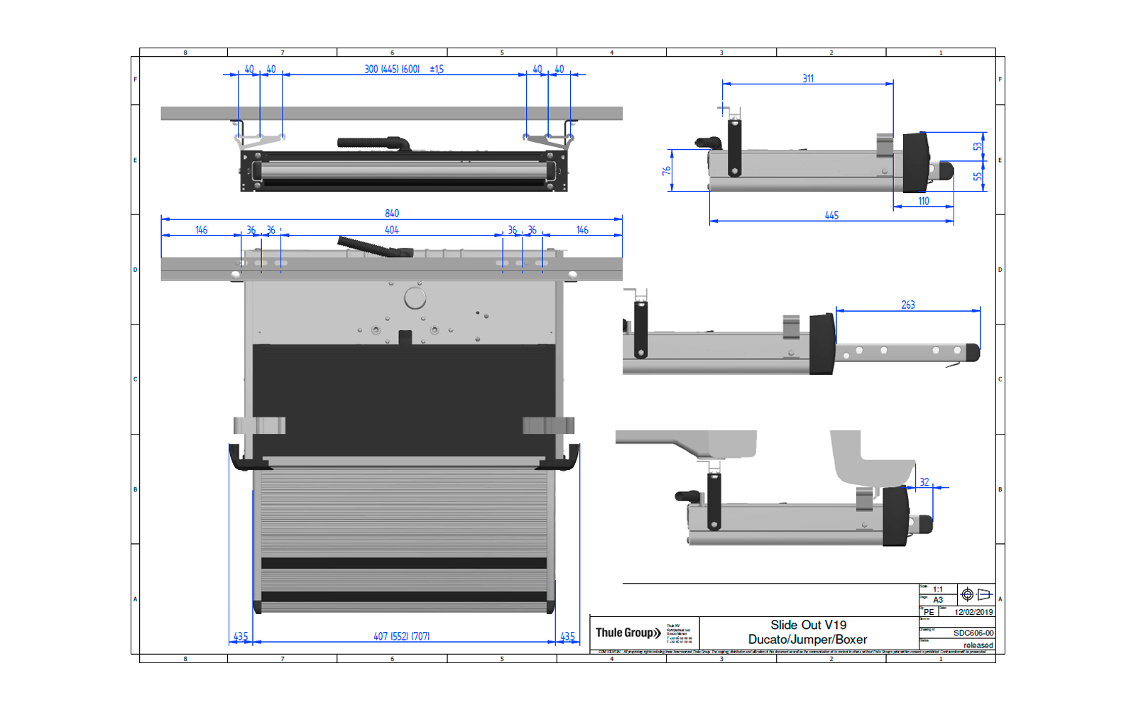 Dibujo técnico con varias vistas de una caja rectangular, rieles, herrajes y cotas