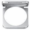 Open silver metal case with square outer frame and circular cutout in the center, hinged lid open