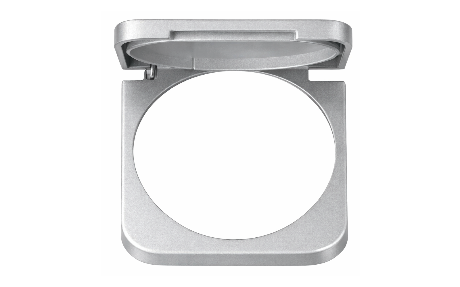 Open silver metal case with square outer frame and circular cutout in the center, hinged lid open