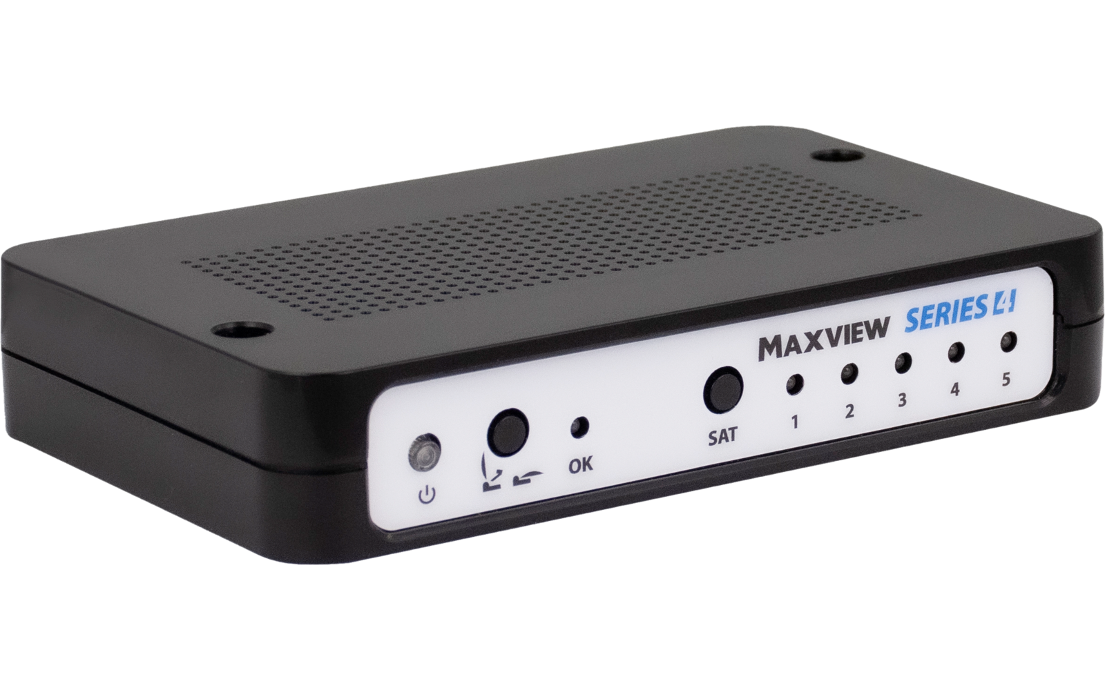 Schwarzes rechteckiges Elektronikgerät mit perforierter Oberseite, weißer Frontplatte mit Knöpfen, LEDs und Aufdruck 'MAXVIEW SERIES E1', 'SAT' und Zahlen 1–5