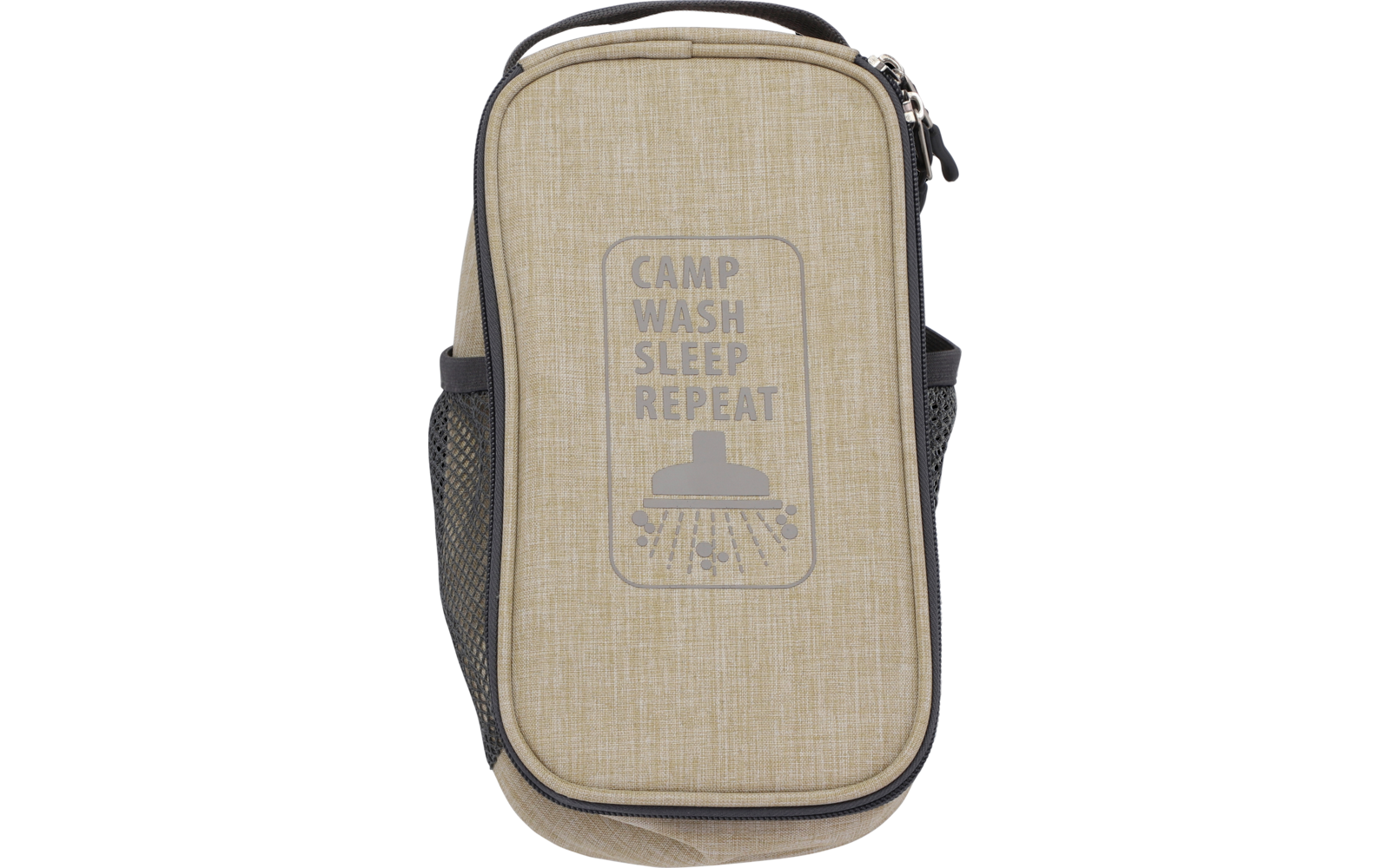 Sac beige zippé avec impression frontale 'CAMP WASH SLEEP REPEAT' et symbole, poches latérales en filet, bordures noires et anses, dimensions 13 × 8 × 24,5 cm