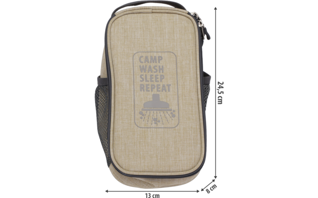 Sac beige zippé avec impression frontale 'CAMP WASH SLEEP REPEAT' et symbole, poches latérales en filet, bordures noires et anses, dimensions 13 × 8 × 24,5 cm