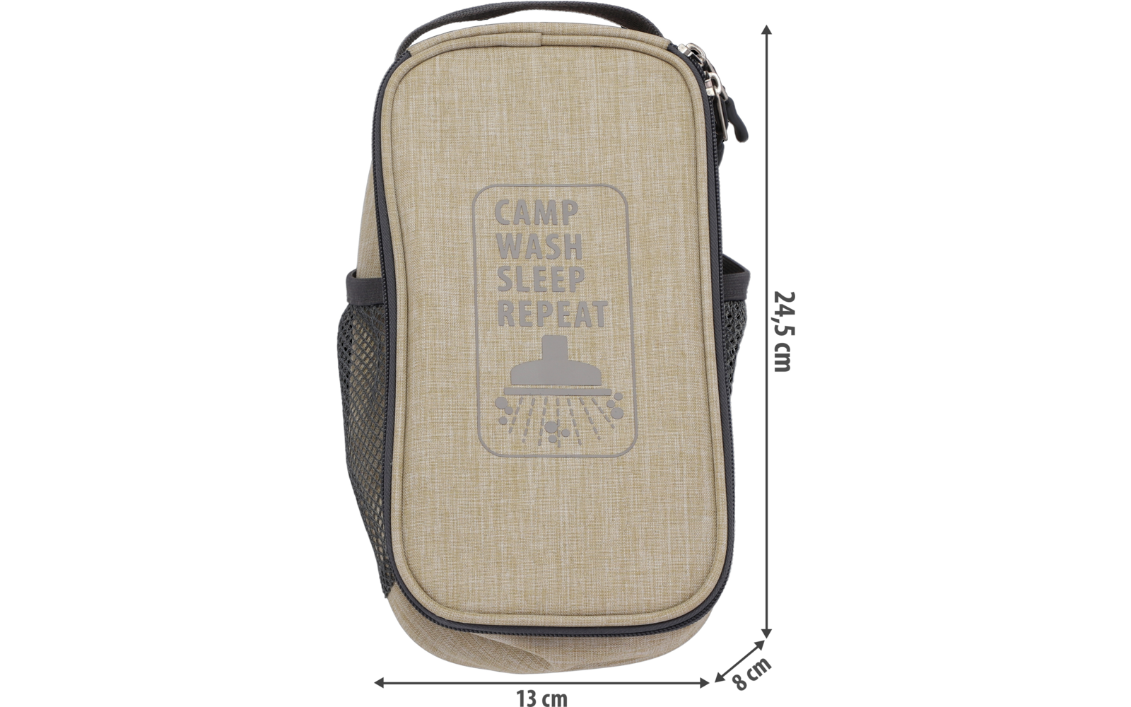 Sac beige zippé avec impression frontale 'CAMP WASH SLEEP REPEAT' et symbole, poches latérales en filet, bordures noires et anses, dimensions 13 × 8 × 24,5 cm