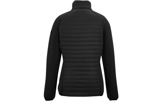 Zwarte jas van achteren, doorgestikte rug, hoge opstaande kraag, gladde lange mouwen, getailleerde vorm