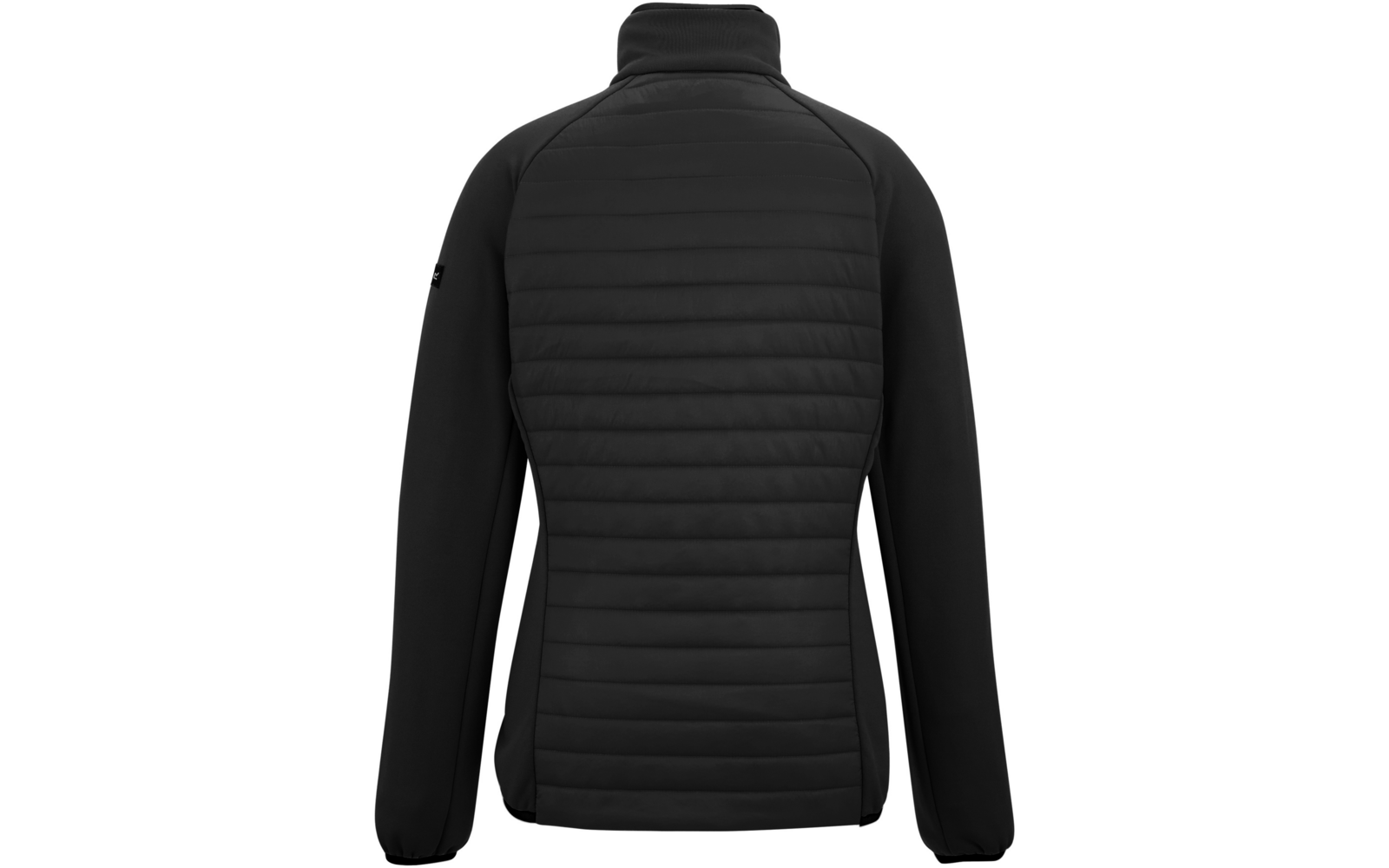 Zwarte jas van achteren, doorgestikte rug, hoge opstaande kraag, gladde lange mouwen, getailleerde vorm