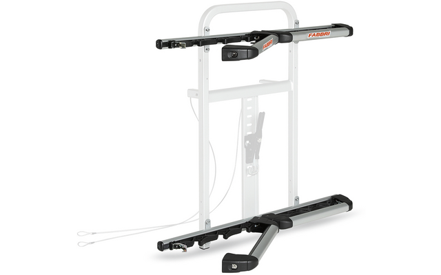 Telaio metallico rettangolare bianco con due guide orizzontali nere, logo rosso 'FABBRI' sulla guida destra, involucro centrale in plastica nera, due bracci di supporto neri inferiori, sottili cavi con estremità ad anello, sfondo bianco
