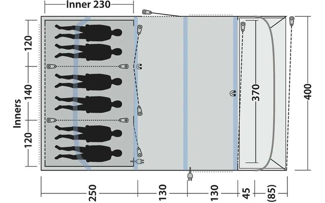 Draufsicht technische Zeichnung eines rechteckigen Grundrisses mit Zentimeter-Angaben, grauen Flächen, sechs schwarzen liegenden Silhouetten in einem Bereich, Reißverschluss-Symbole, gestrichelte Trennlinien und Maßpfeile