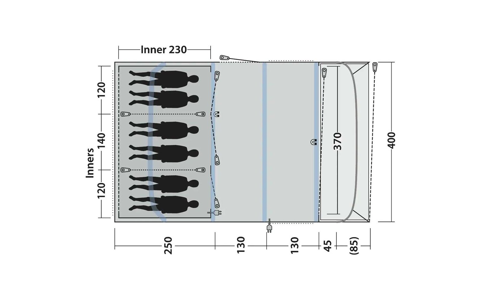 Draufsicht technische Zeichnung eines rechteckigen Grundrisses mit Zentimeter-Angaben, grauen Flächen, sechs schwarzen liegenden Silhouetten in einem Bereich, Reißverschluss-Symbole, gestrichelte Trennlinien und Maßpfeile