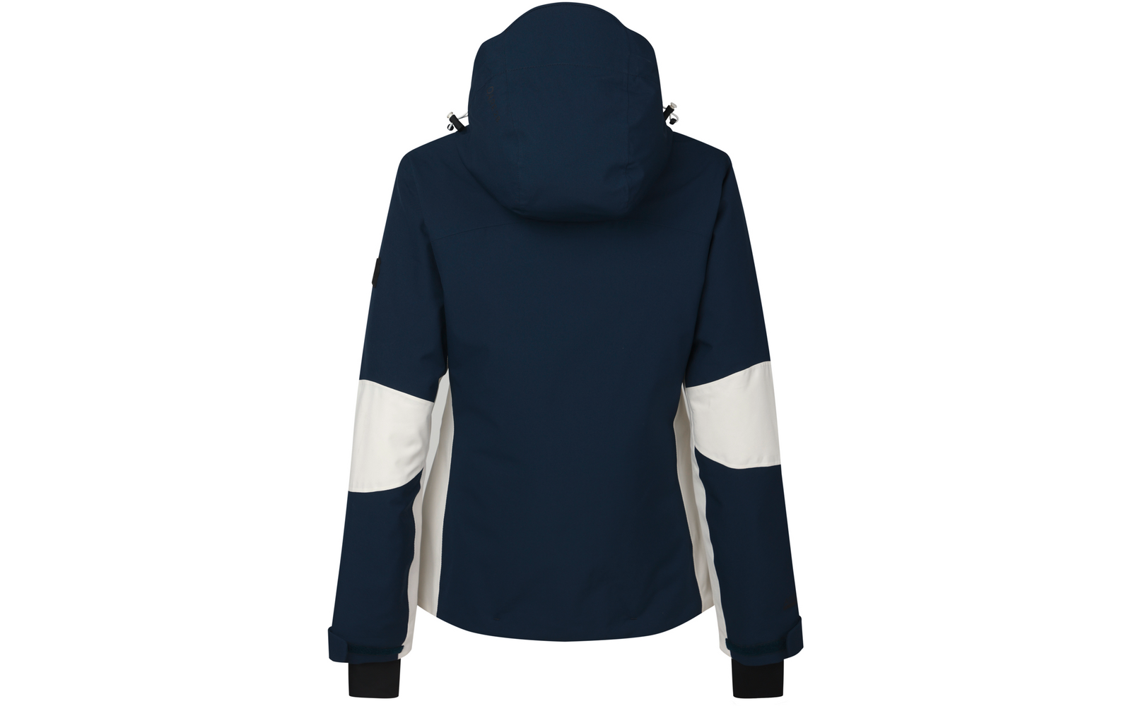 Rückansicht einer dunkelblauen Jacke mit Kapuze und weißen Einsätzen an Ärmeln und Seiten