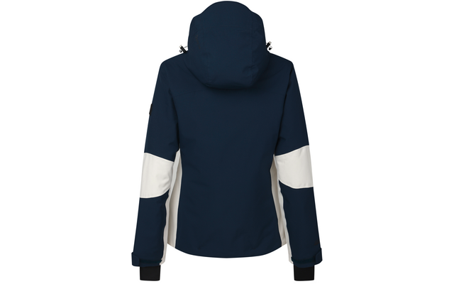 Rückansicht einer dunkelblauen Jacke mit Kapuze und weißen Einsätzen an Ärmeln und Seiten