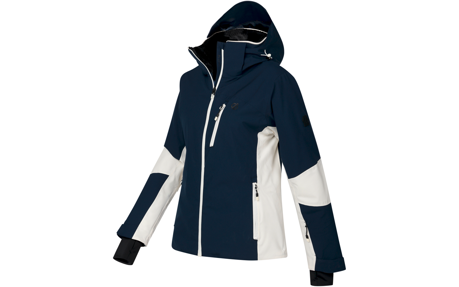 Dunkelblaue und weiße Kapuzenjacke mit durchgehendem Frontreißverschluss, sichtbaren Reißverschlusstaschen an Brust und Seiten, langen Ärmeln mit schwarzen Stulpen, hohem Kragen und kleinen Logos auf Brust und Oberarm
