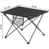 Kleiner schwarzer Campingtisch mit Metallgestell und Netzablage, längliche quadratische Tischplatte, Maße angegeben