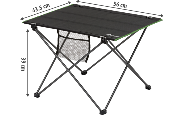 Kleiner schwarzer Campingtisch mit Metallgestell und Netzablage, längliche quadratische Tischplatte, Maße angegeben