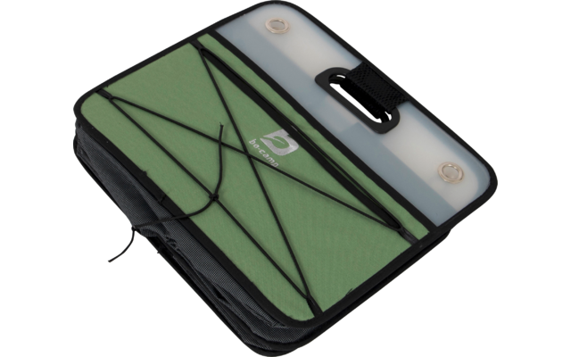Rechteckige grüne Stofftasche mit schwarzem Rand, gekreuzten Elastikbändern vorne, Tragegriff, zwei Metallösen oben und durchscheinender weißer Tasche am oberen Rand