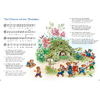 Links Notenblatt mit Liedtitel und Text; rechts bunte Illustration mit mehreren bekleideten Bären auf einer Wiese um einen liegenden Kontrabass, Blumen, Sträucher, einen Stein und einen kleinen Zaun