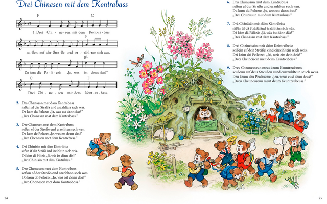 Links Notenblatt mit Liedtitel und Text; rechts bunte Illustration mit mehreren bekleideten Bären auf einer Wiese um einen liegenden Kontrabass, Blumen, Sträucher, einen Stein und einen kleinen Zaun