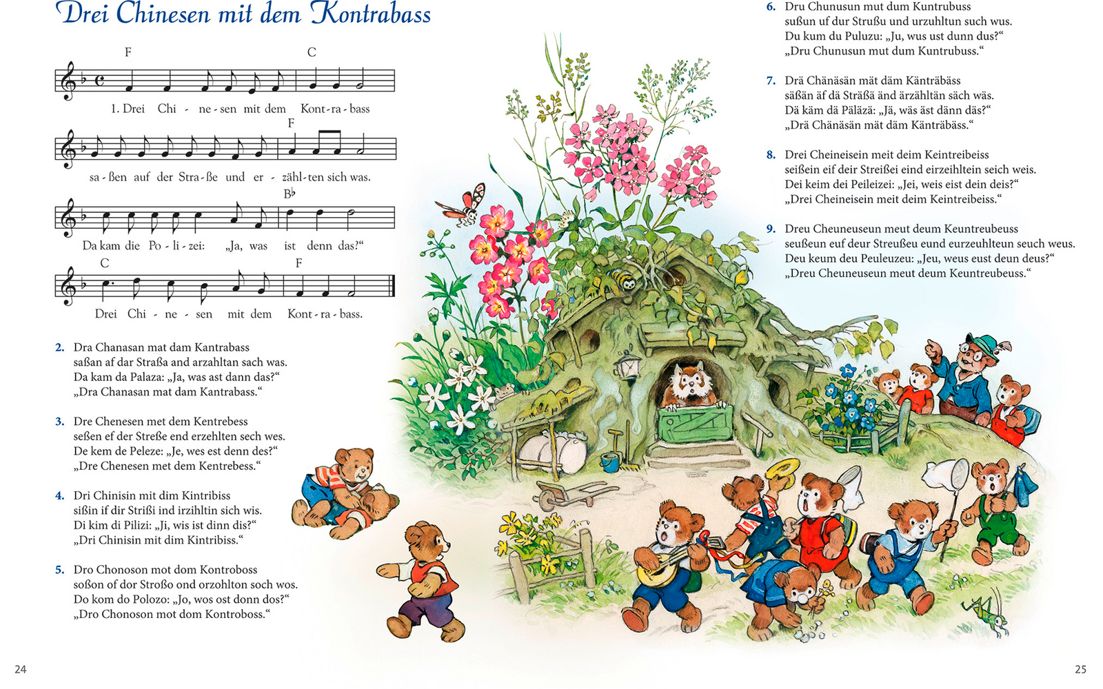 Links Notenblatt mit Liedtitel und Text; rechts bunte Illustration mit mehreren bekleideten Bären auf einer Wiese um einen liegenden Kontrabass, Blumen, Sträucher, einen Stein und einen kleinen Zaun