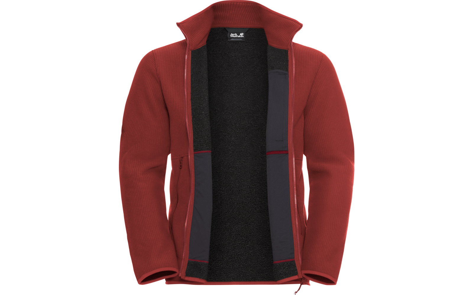 Rote Jacke mit offenem Reißverschluss, schwarzes Innenfutter, aufrechter Kragen, lange Ärmel