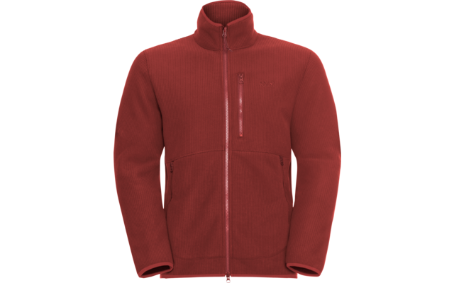 Rote Fleecejacke mit durchgehendem Reißverschluss, Stehkragen, einer Brusttasche mit Reißverschluss und zwei Seitentaschen