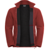 Rote Jacke mit offenem Reißverschluss, schwarzes Innenfutter, aufrechter Kragen, lange Ärmel