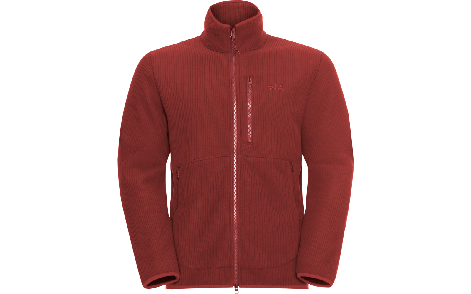 Rote Fleecejacke mit durchgehendem Reißverschluss, Stehkragen, einer Brusttasche mit Reißverschluss und zwei Seitentaschen