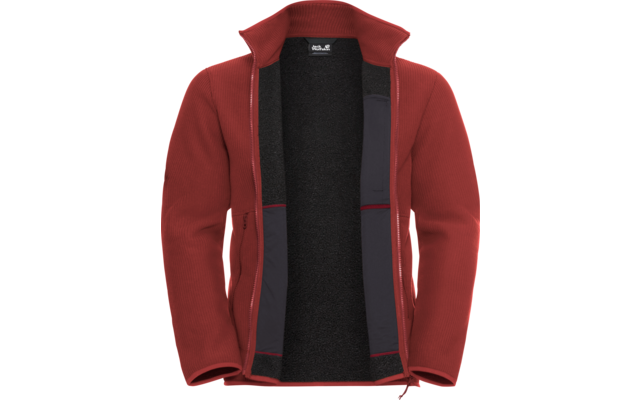 Rote Jacke mit offenem Reißverschluss, schwarzes Innenfutter, aufrechter Kragen, lange Ärmel
