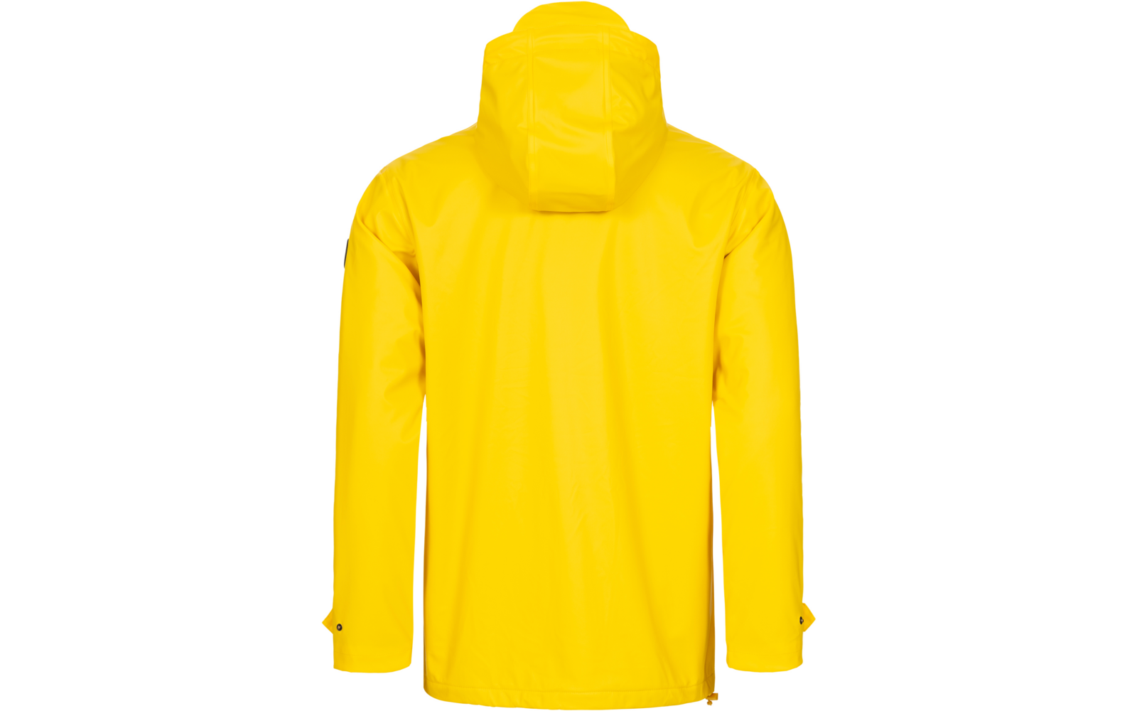 Gelber Regenmantel von hinten mit Kapuze