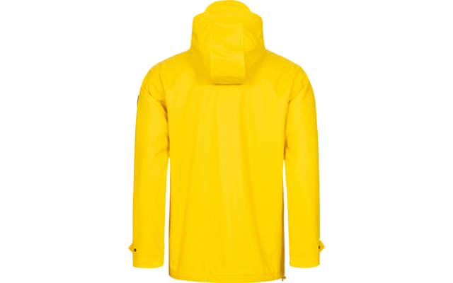 Gelber Regenmantel von hinten mit Kapuze