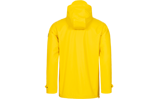Gelber Regenmantel von hinten mit Kapuze