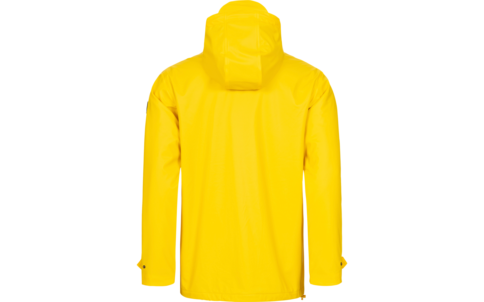 Gelber Regenmantel von hinten mit Kapuze
