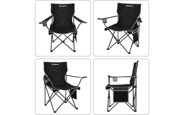 Faltbare Campingstühle mit Armlehnen, schwarzes Stoffmaterial und Metallgestell, Vorder- und Seitenansicht