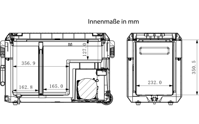 Twee technische aanzichten van een rechthoekige behuizing met de tekst "Innenmaße in mm". Links bovenaanzicht met twee verticale binnenplaten, meerdere maatvermeldingen (356.9, 162.8, 165.0, 127.1 mm) en een rond onderdeel rechtsonder. Rechts vooraanzicht met een rechthoekige uitsparing en maatvermeldingen (232.0, 350.5 mm)