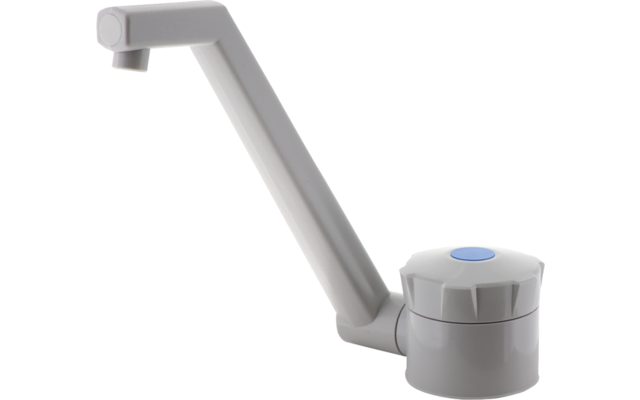 Rubinetto in plastica grigio chiaro con lungo beccuccio inclinato e base rotonda con pulsante blu