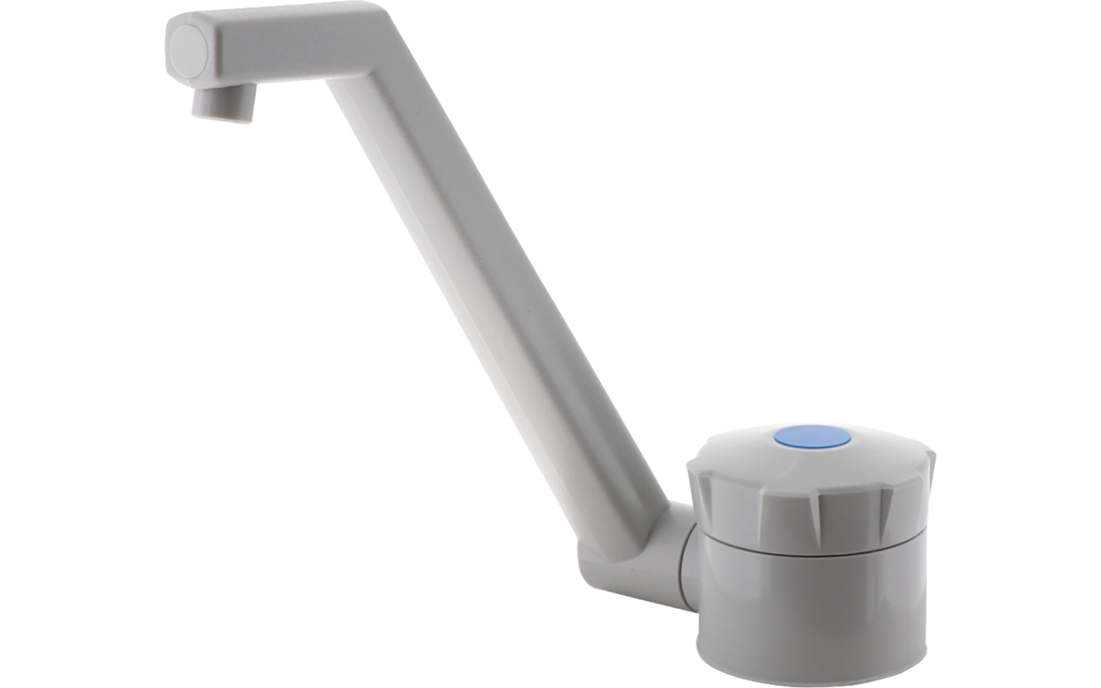 Rubinetto in plastica grigio chiaro con lungo beccuccio inclinato e base rotonda con pulsante blu