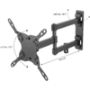 Black extendable wall mount with central square mounting plate, four curved mounting arms with screw holes, two articulated hinge arms, labeled distance 36.4 cm, and temperature ranges near the joints
