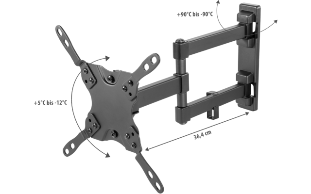Schwarze ausziehbare Wandhalterung mit zentraler quadratischer Montageplatte, vier geschwungenen Montagearmen mit Schraubenlöchern, zwei klappbaren Gelenkarmen, eingezeichneter Abstand 36,4 cm und Temperaturangaben neben den Gelenken