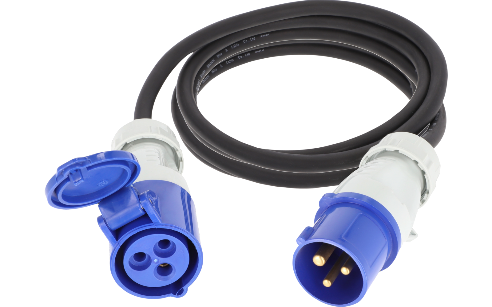 Schwarzes, aufgerolltes Kabel mit blauem dreipoligem Stecker und passender Kupplung, weiße Griffe, eine Schutzklappe geöffnet