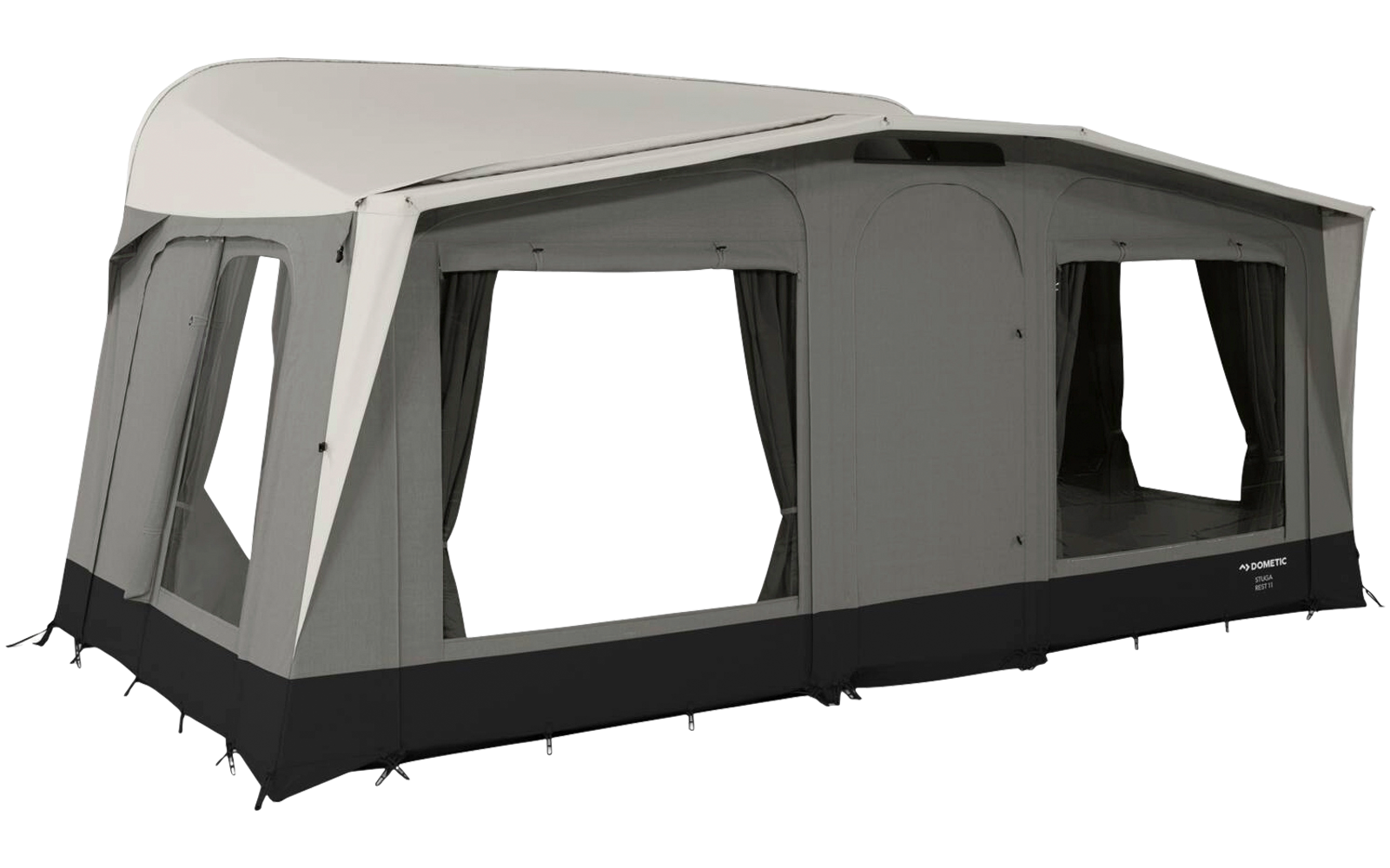 Großes graues Zelt mit hellem Dach, mehreren großen Fenstern mit Vorhängen und schwarzem Boden