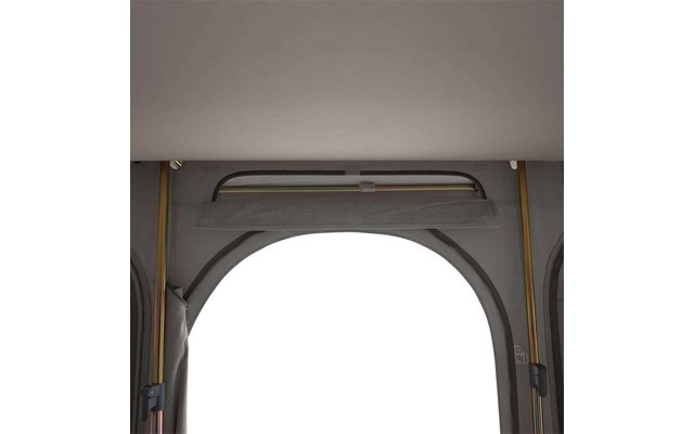 Interior view of an arched window with gray frame, raised transparent cover, black horizontal bar at top, yellow cables along the sides, bright white exterior