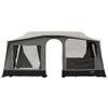 Large light-gray camping awning with a central arched entrance opening, two large side windows with curtains, and a dark base trim