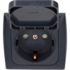 Gray electrical socket with open hinged cover, two round contact openings, central screw head, markings 'TÜV' and 'C-LINE', and visible copper contact