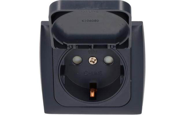 Gray electrical socket with open hinged cover, two round contact openings, central screw head, markings 'TÜV' and 'C-LINE', and visible copper contact