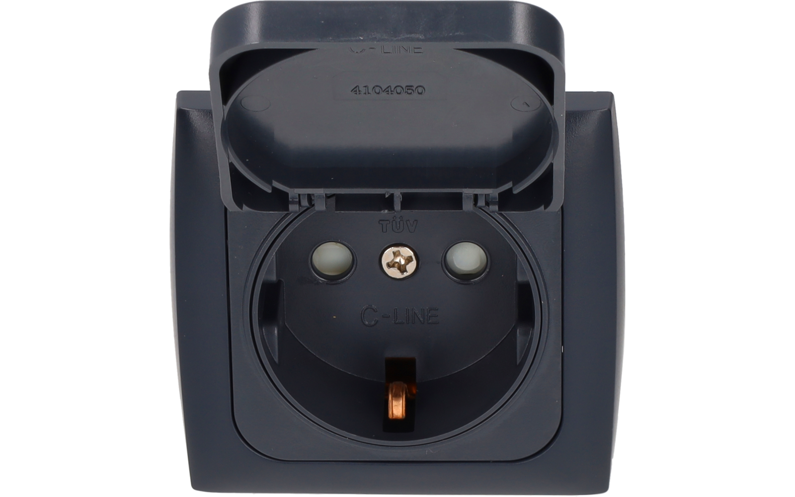 Gray electrical socket with open hinged cover, two round contact openings, central screw head, markings 'TÜV' and 'C-LINE', and visible copper contact