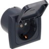 Dark gray recessed electrical socket with hinged protective cover open, round contact opening, visible metal earth contact and mounting screw