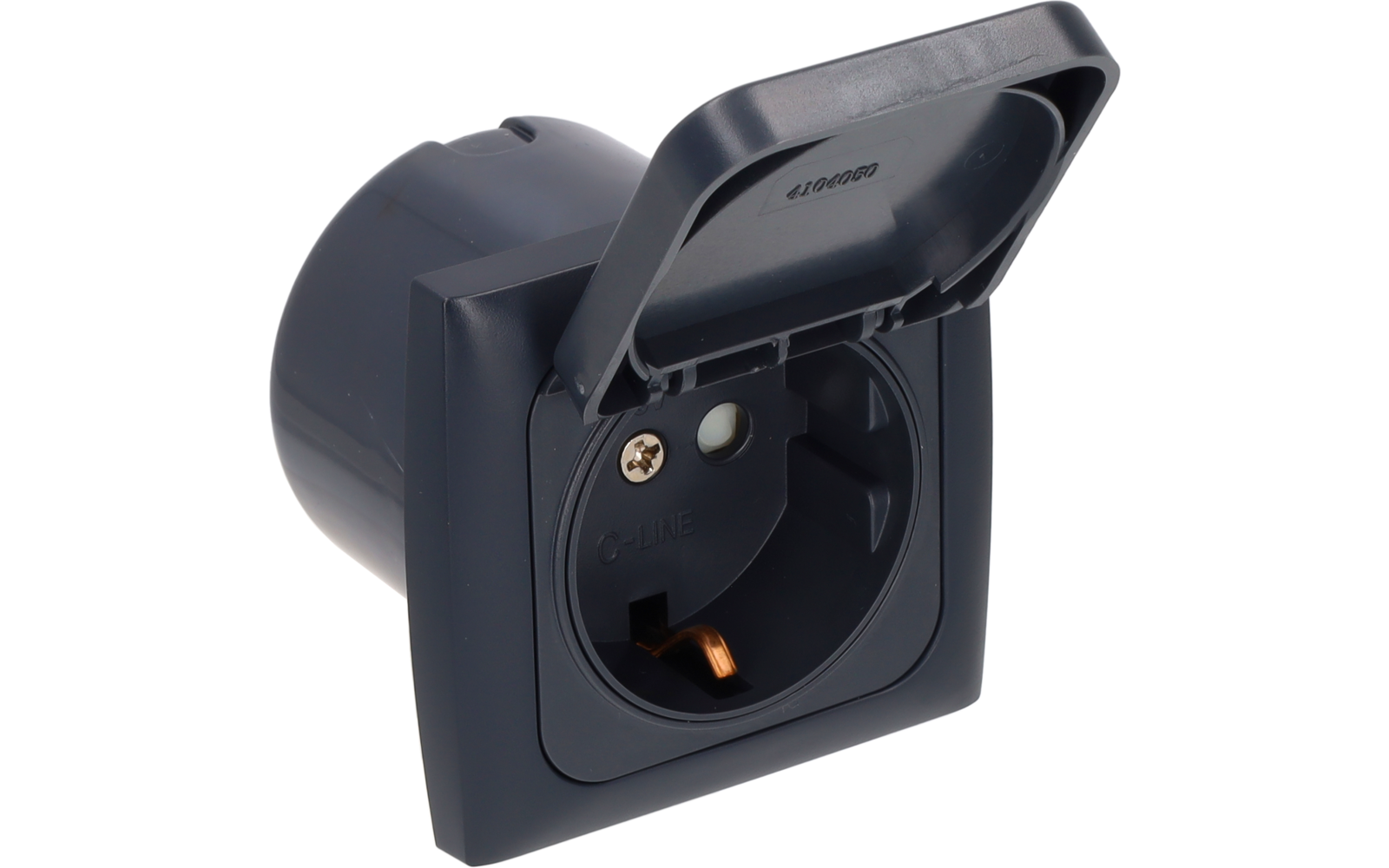 Dark gray recessed electrical socket with hinged protective cover open, round contact opening, visible metal earth contact and mounting screw